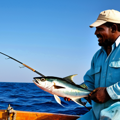 Home 11 **
"A fully clothed professional fisherman in Mauritania, wearing modest fishing attire, on a well-maintained fishing boat on the Atlantic Ocean, clear blue sky, perfect anatomy, natural proportions, holding a fishing rod, catching a large tuna, appropriate content, safe for work, professional photography, high quality."
**