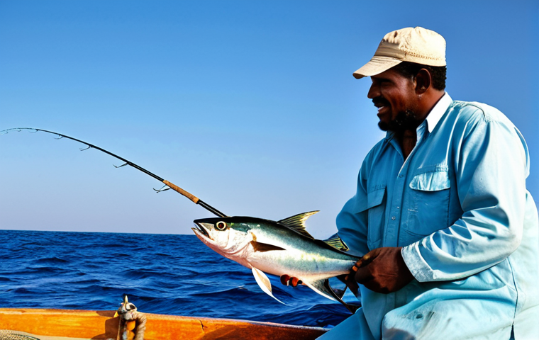 **

"A fully clothed professional fisherman in Mauritania, wearing modest fishing attire, on a well-maintained fishing boat on the Atlantic Ocean, clear blue sky, perfect anatomy, natural proportions, holding a fishing rod, catching a large tuna, appropriate content, safe for work, professional photography, high quality."

**