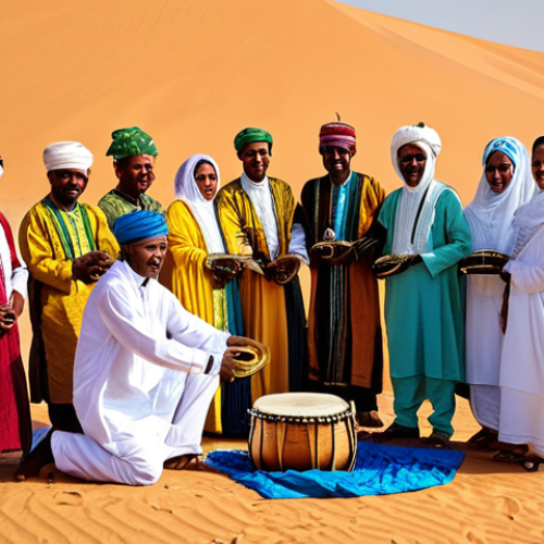 Home 6 Mauritanian Wedding Ceremony**
"A Mauritanian wedding ceremony in the Sahara desert, vibrant colors, traditional clothing, fully clothed, appropriate attire, safe for work, family-friendly, perfect anatomy, natural proportions, featuring traditional music instruments like drums and flutes, showcasing the joy and celebration, professional photography, high quality."
**